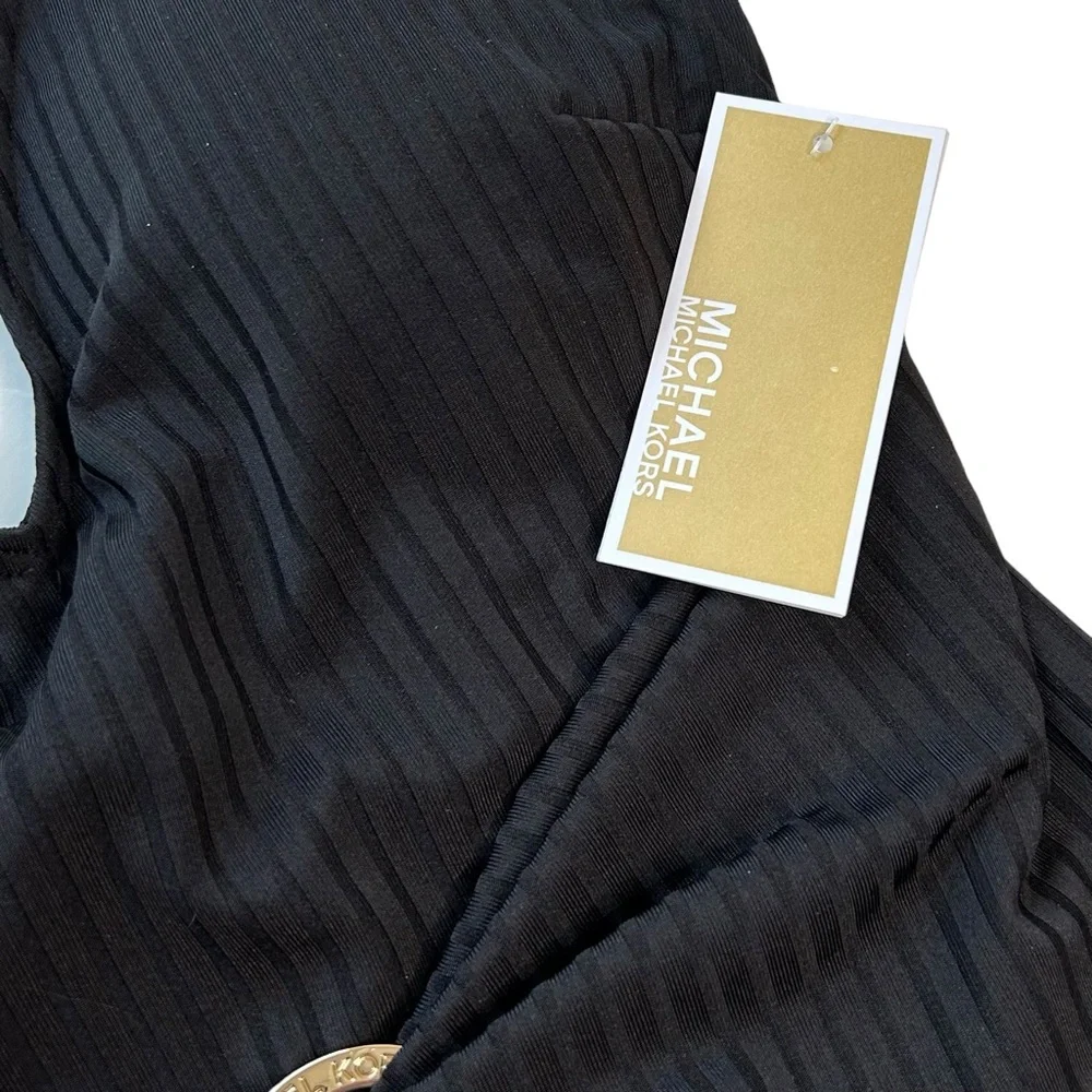 Michael Michael Kors One Piece Swimsuit Black Ribbed Size 10 Waist Sash Logo NWT